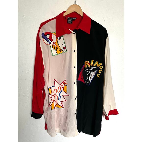 Vintage IB Diffusion Blouse Top Womens 16 Silk Pop Cartoon Embroidered Comic Red - Picture 1 of 7